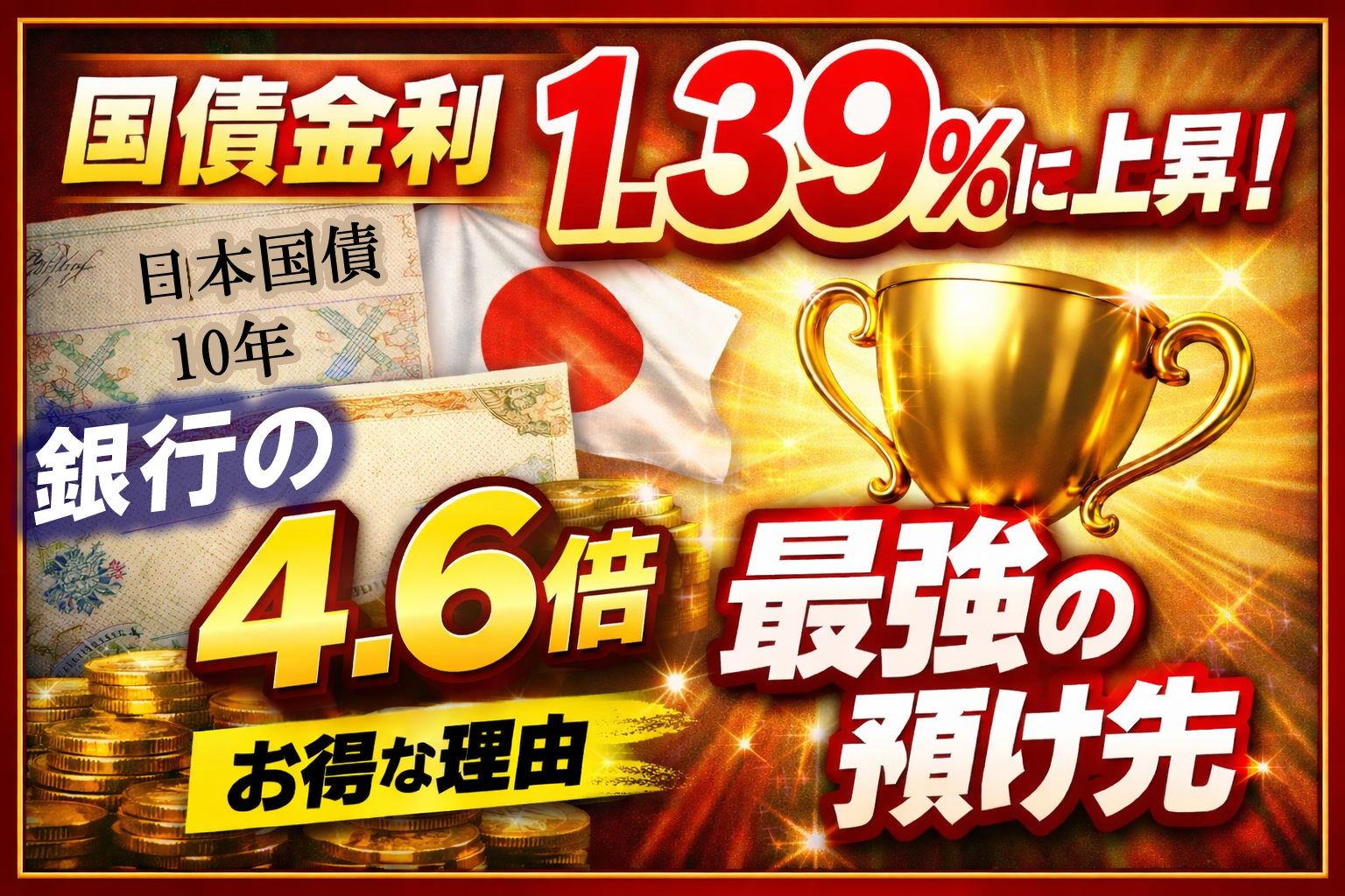 【速報】過去最高！変動10年（第190回）個人向け国債の金利が1.39％に上昇！銀行に預けるより約4.6倍お得です！